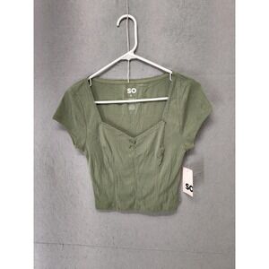 SO‎ Shirt Womens Small Green Cropped Cap Sleeve Knit Top Lace Trim Stretch NWT